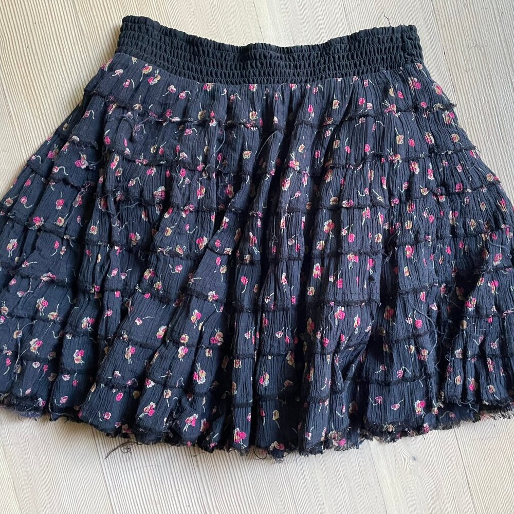 Free People Navy Blue Floral Crinkled Gauze Tiered Mini Skirt XS